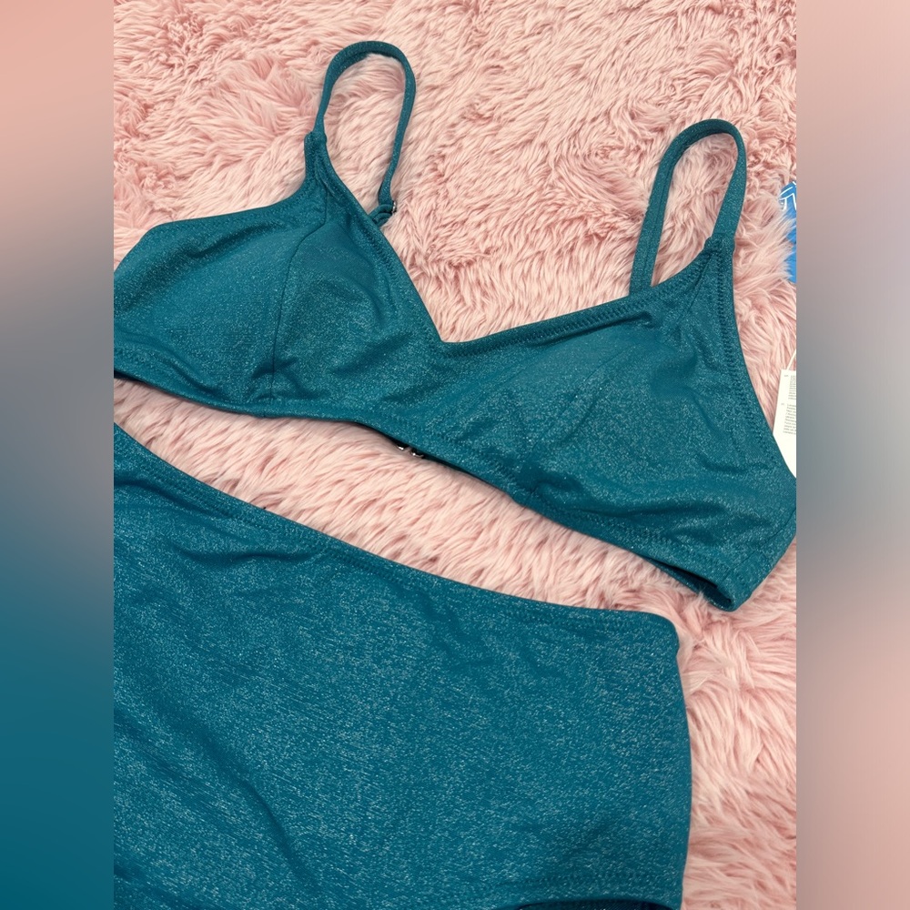 CUPSHE SWIMSUIT BIKINI SET SIZE SMALL MEDIUM TEAL SPARKLY HIGH WAISTED PADDED - Picture 5 of 8